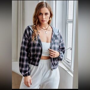 SHEIN Black and Pink Plaid Cropped Jacket